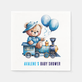 Teddybeer op een Blue Train Boy Baby shower Servet