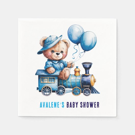 Teddybeer op een Blue Train Boy Baby shower Servet (Voorkant)