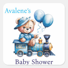 Teddybeer op een Blue Train Boy Baby shower Vierkante Sticker