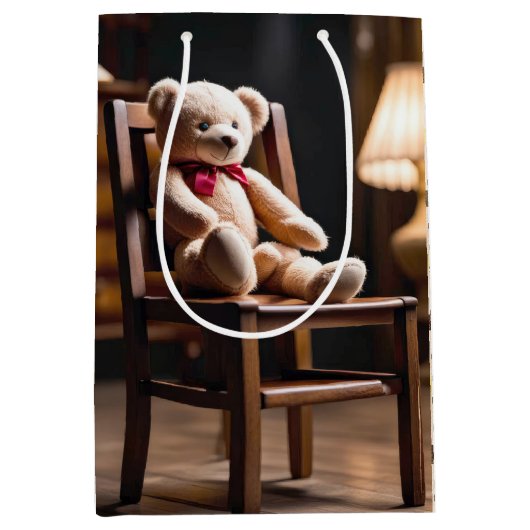 Teddybeer op een stoel met stippen medium cadeauzakje (Voorkant)