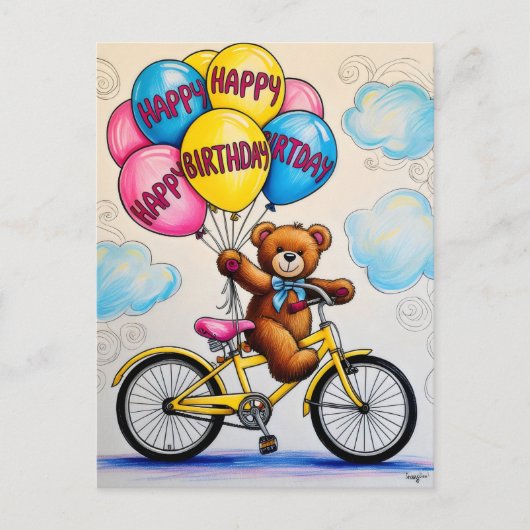 Teddybeer op fiets met ballonnen briefkaart (Voorkant)