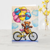 Teddybeer op fiets met ballonnen kaart (Gele Bloem)