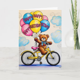 Teddybeer op fiets met ballonnen kaart