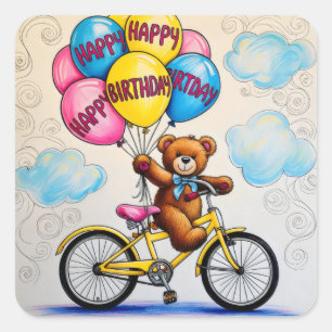 Teddybeer op fiets met ballonnen vierkante sticker