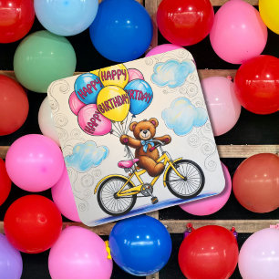 Teddybeer op fiets met ballonnen vierkante sticker