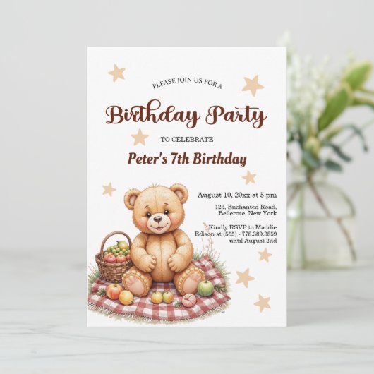 Teddybeer op het 7e verjaardagsfeestje kaart (Staand voorkant)