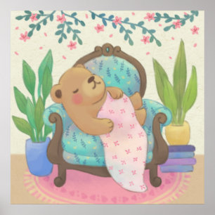 Teddybeer op illustratie van antieke fauteuil poster