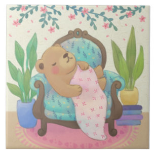 Teddybeer op illustratie van antieke fauteuil tegeltje