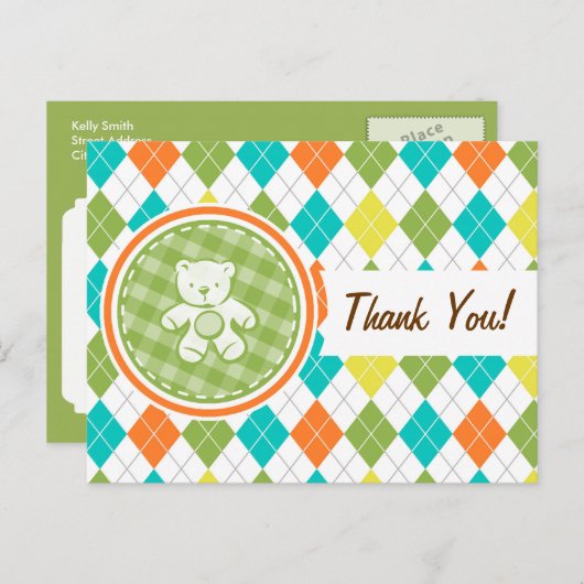 Teddybeer op kleurrijke Argyle Briefkaart (Voorkant / Achterkant)