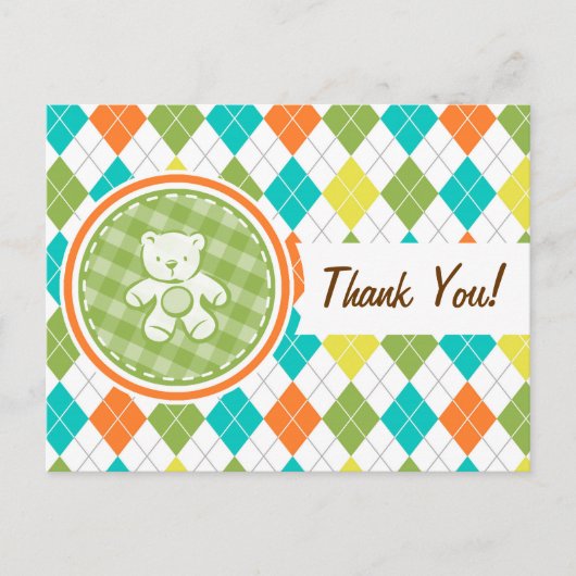 Teddybeer op kleurrijke Argyle Briefkaart (Voorkant)