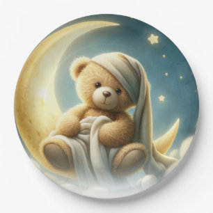 Teddybeer op Maan Glansende Sterren Baby Shower Papieren Bordje