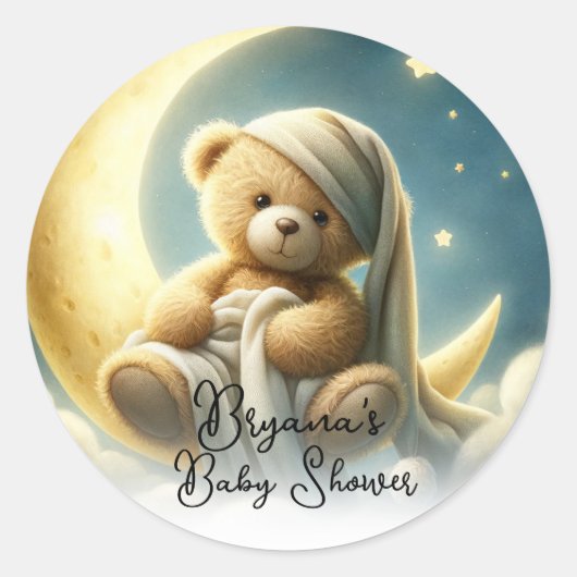 Teddybeer op Moon Glow Stars Baby shower Ronde Sticker (Voorkant)