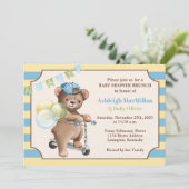 Teddybeer op scooter, gestreept Baby shower Kaart (Staand voorkant)