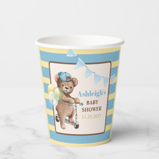 Teddybeer op scooter, gestreept Baby shower Papieren Bekers (Achterkant)