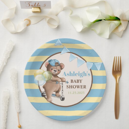 Teddybeer op scooter, gestreept Baby shower Papieren Bordje (Huwelijk)
