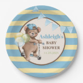 Teddybeer op scooter, gestreept Baby shower Papieren Bordje (Voorkant)