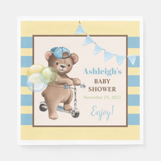 Teddybeer op scooter, gestreept Baby shower Servet (Voorkant)