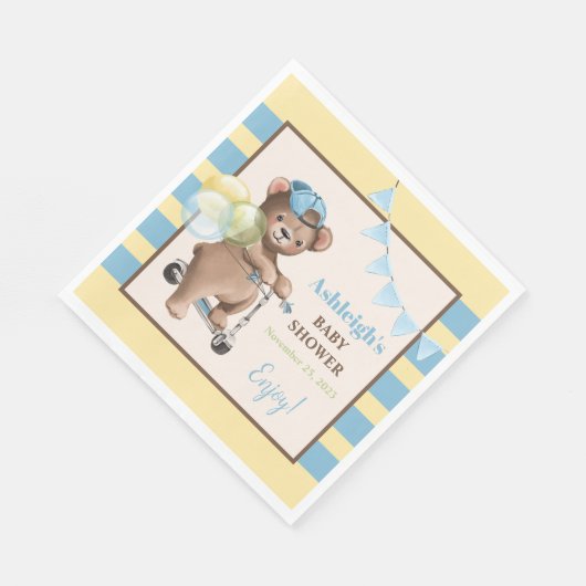Teddybeer op scooter, gestreept Baby shower Servet (Hoek)