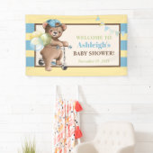 Teddybeer op scooter, gestreept Baby shower Spandoek (Insitu)