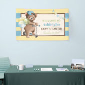Teddybeer op scooter, gestreept Baby shower Spandoek (Beurs)
