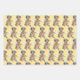 Teddybeer op scooter, gestreept, ballonnen inpakpapier vel