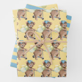 Teddybeer op scooter, gestreept, ballonnen inpakpapier vel (In situ)