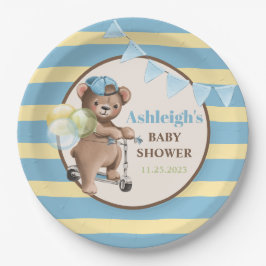 Teddybeer op Scooter, Gestreepte Baby Shower Papieren Bordje