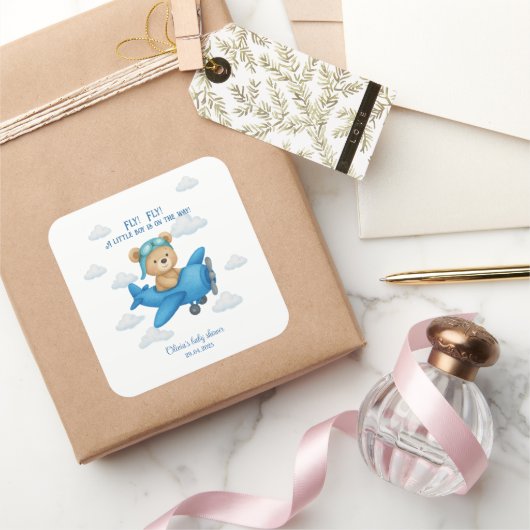 Teddybeer op vliegtuig baby shower sticker (Geschenken)
