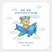Teddybeer op vliegtuig baby shower sticker (Voorkant)