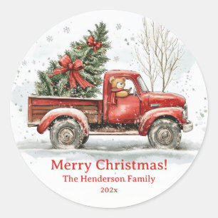 Teddybeer Oude Rode Vrachtwagen Vintage Kerstmis Ronde Sticker