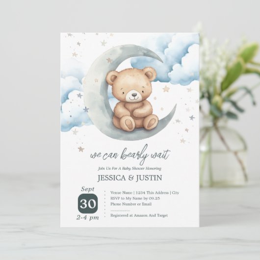 Teddybeer Over de Maan Baby shower Kaart (Staand voorkant)