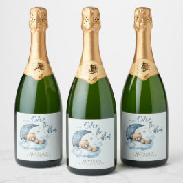 Teddybeer over het Moon Blue Baby shower Sparkling Wijnetiket