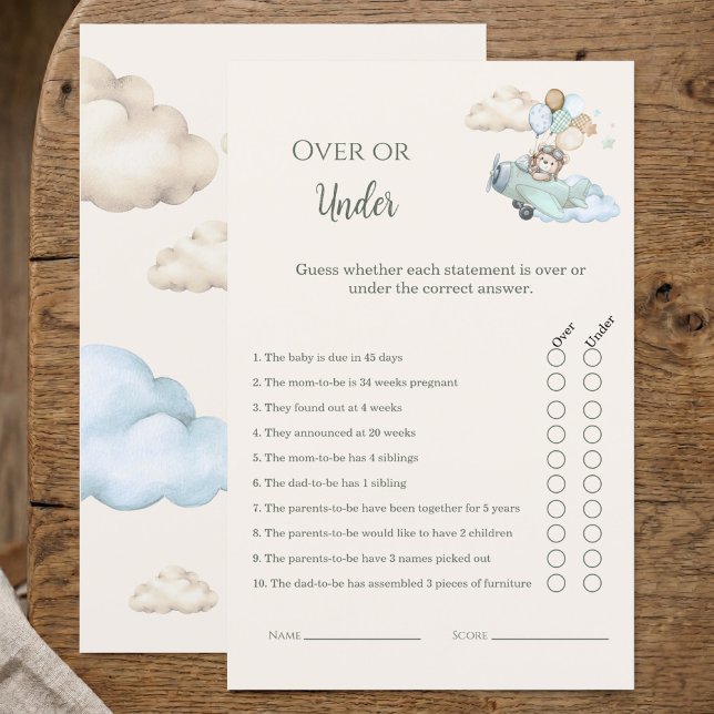 Teddybeer Over of Under Baby Shower Spel (Over or Under Baby Shower Game Bearly Wait Boy)