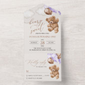 Teddybeer, Paarse ballonnen, eerste verjaardag All In One Uitnodiging (Binnen)