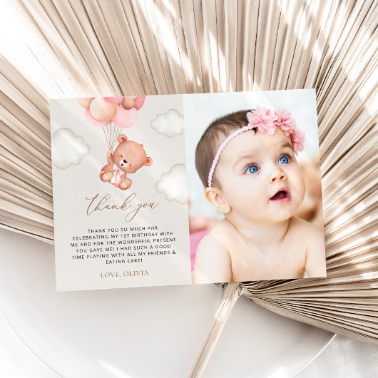 Teddybeer, Paarse ballonnen, eerste verjaardag Bedankkaart