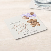 Teddybeer, Paarse ballonnen, eerste verjaardag Kartonnen Onderzetters (Schuin)