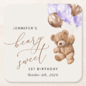 Teddybeer, Paarse ballonnen, eerste verjaardag Kartonnen Onderzetters (Voorkant)