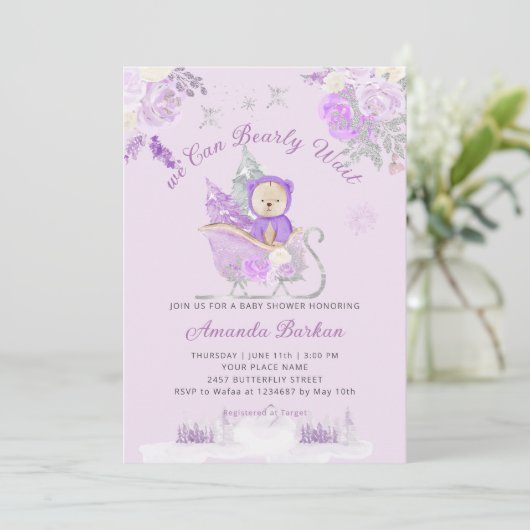 Teddybeer paarse bloesem Barly Wacht Baby shower Kaart (Staand voorkant)