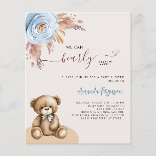 Teddybeer pampas blauwe jongens budget baby shower (Voorkant)