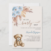 Teddybeer pampas floral blue boy baby shower kaart (Voorkant)