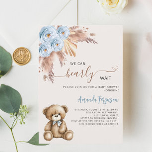 Teddybeer pampas floral blue boy baby shower kaart