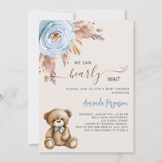 Teddybeer pampas grass blauw jongensvlees baby sho kaart (Voorkant)