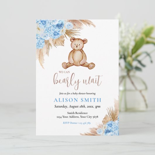 Teddybeer Pampasgras Beerlijk Wachten Baby Shower Kaart (Staand voorkant)