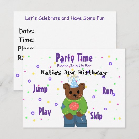 Teddybeer Party Time Kaart (Voorkant / Achterkant)