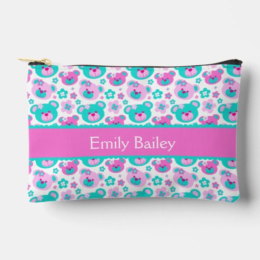 Teddybeer patterned roze aqua naam potlood hoesje etui (Voorkant)