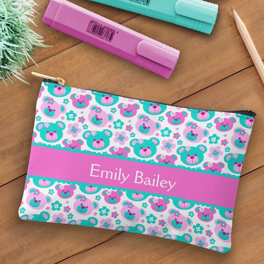 Teddybeer patterned roze aqua naam potlood hoesje etui