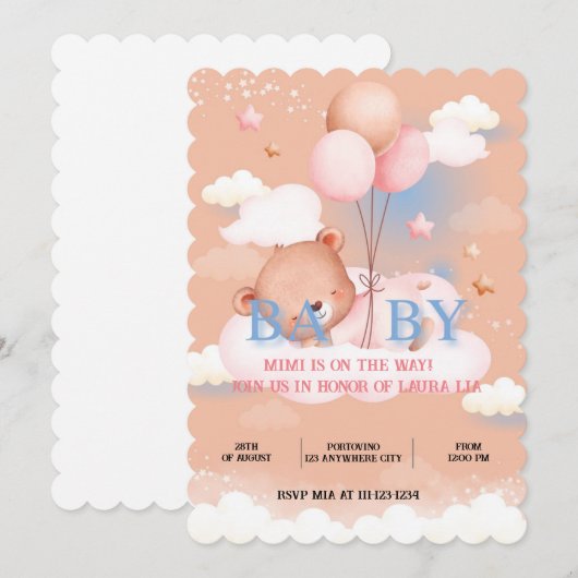 TEDDYBEER PEACH COLOR BABY SHOWER UITNODIGING (Voorkant / Achterkant)