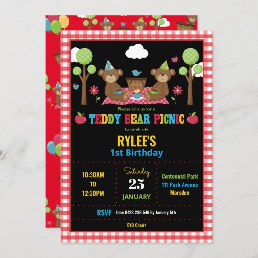 Teddybeer picknick 1e verjaardagsfeestje Jongen Me Kaart (Voorkant / Achterkant)