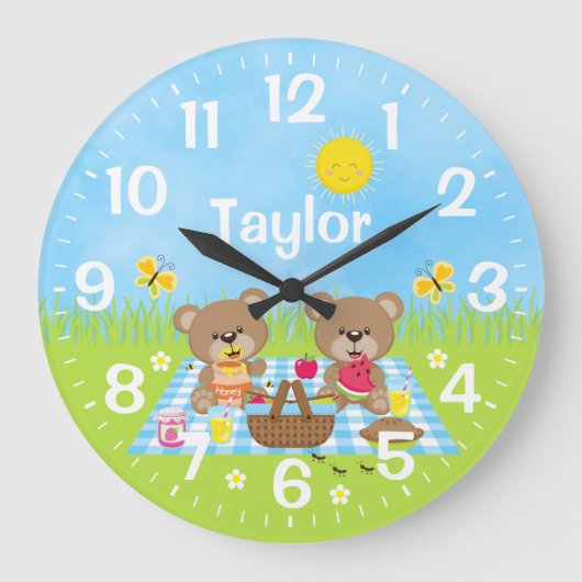 Teddybeer Picknick Blauw Grote Klok (Voorkant)