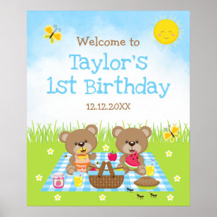 Teddybeer Picknick Blauwe Verjaardags Welkomstbord Poster